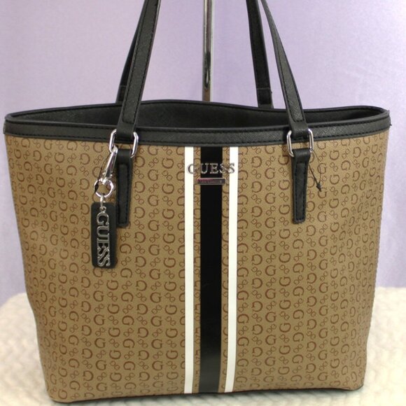 GUESS Logo Monogram Tote – Brown/Black Stripe, Large Shoulder Bag - Picture 1 of 10